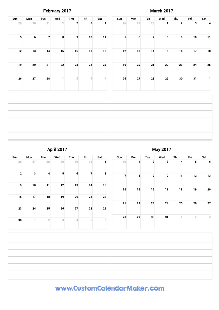 February to May 2017 Calendar