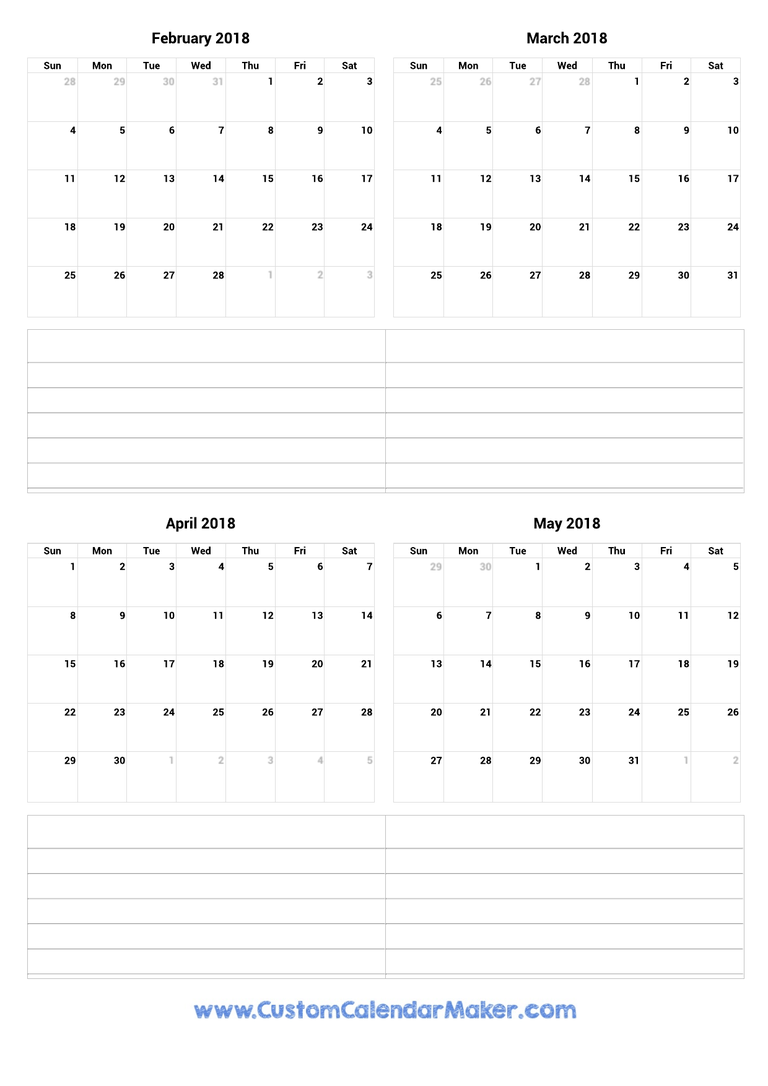 February to May 2018 Calendar