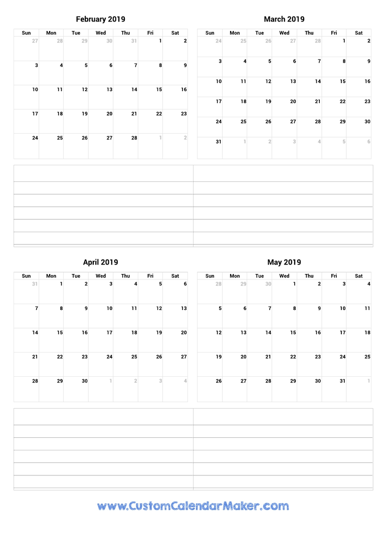 February to May 2019 Calendar