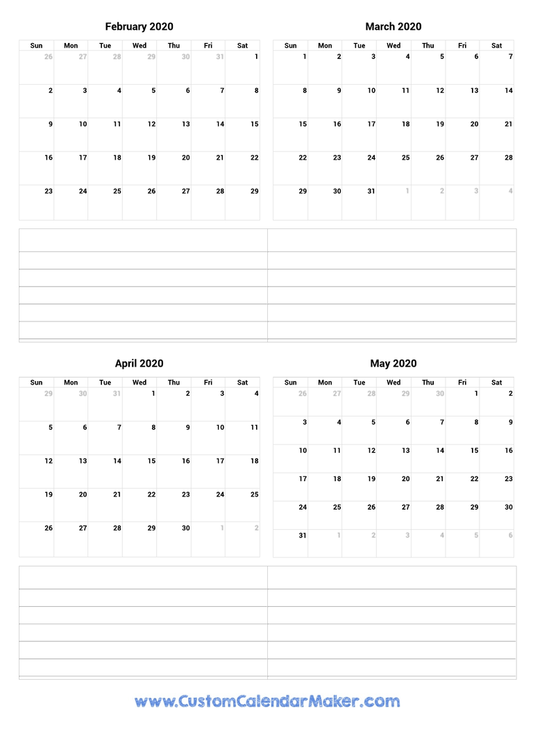 February to May 2020 Calendar