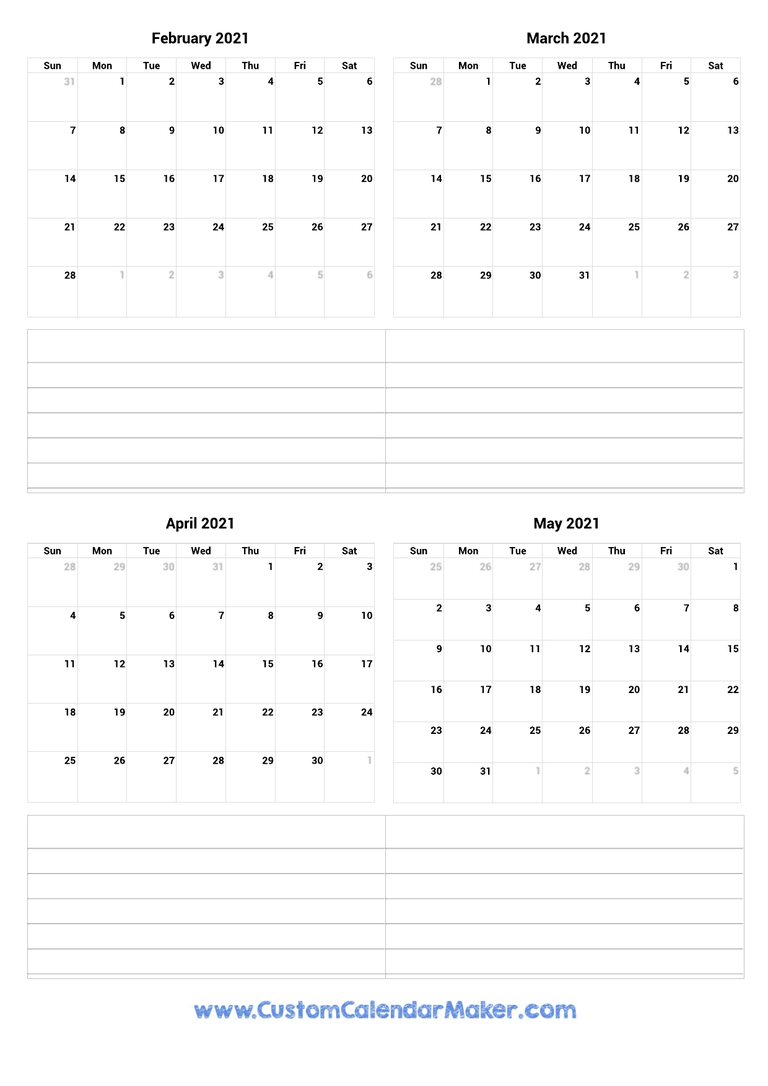 February to May 2021 Calendar