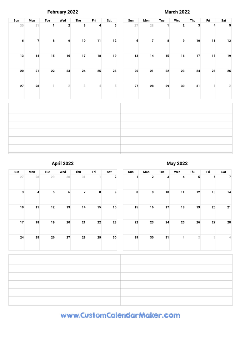 February to May 2022 Calendar