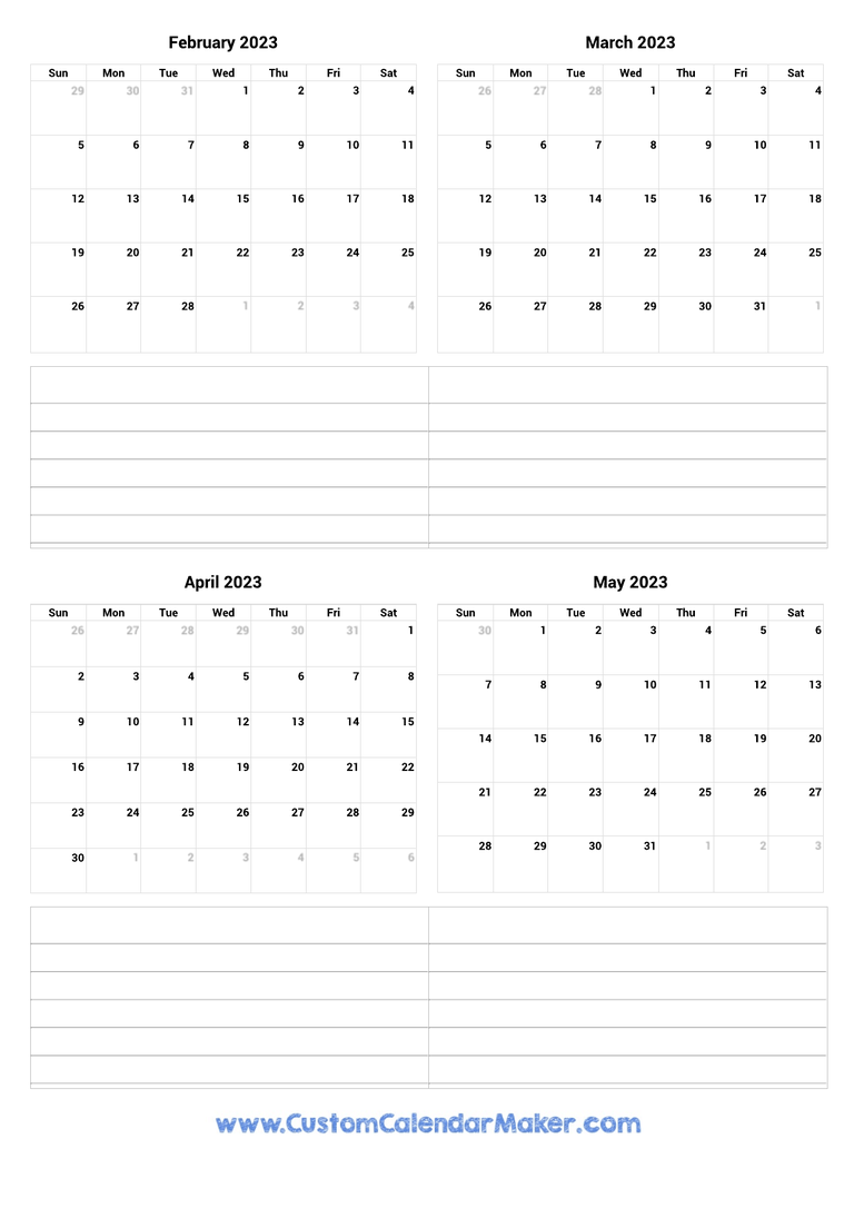 February to May 2023 Calendar