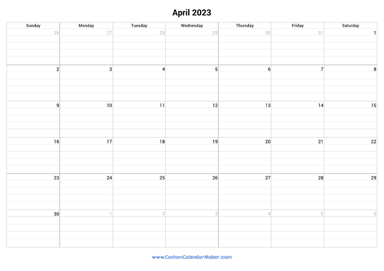 April 2023 fillable calendar grid with lines