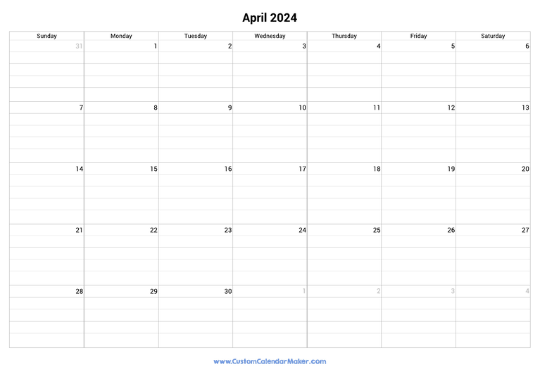 April 2024 fillable calendar grid with lines