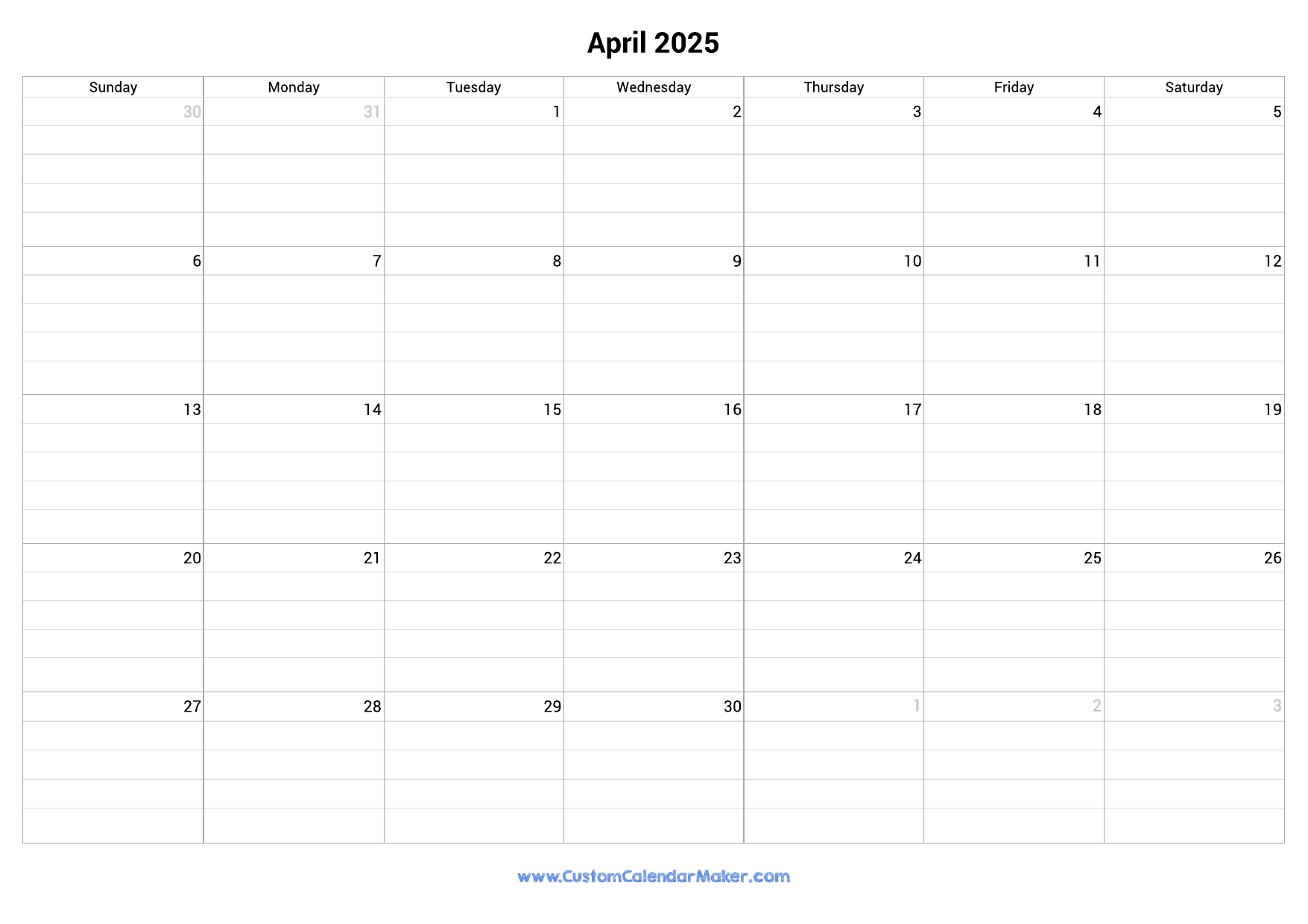 April 2025 Fillable Calendar Grid With Lines