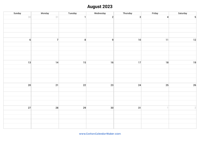 August 2023 fillable calendar grid with lines