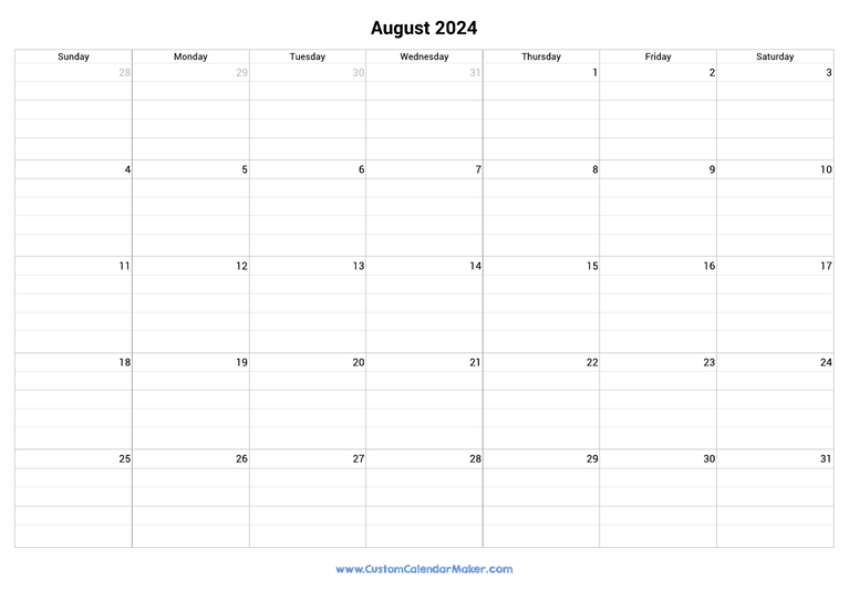 August 2024 fillable calendar grid with lines