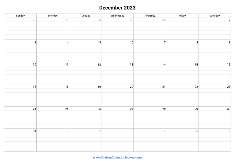 December 2023 fillable calendar grid with lines