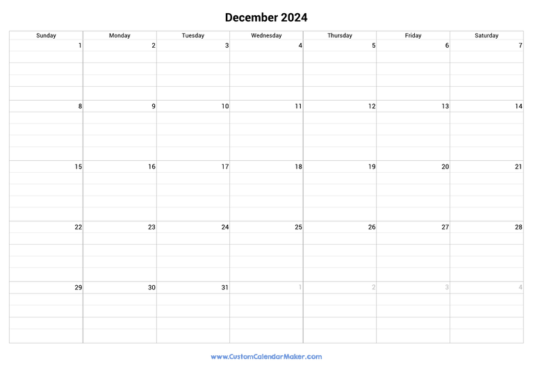 December 2024 fillable calendar grid with lines