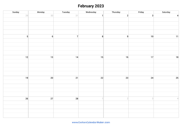 February 2023 fillable calendar grid with lines