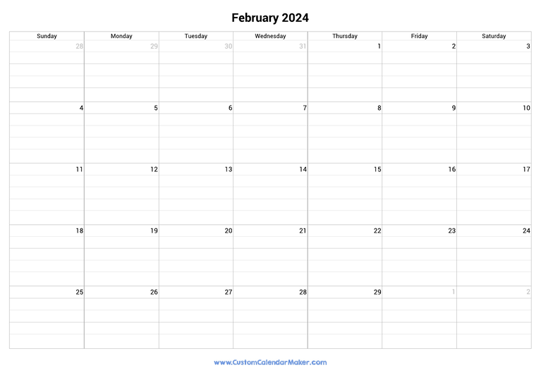February 2024 fillable calendar grid with lines