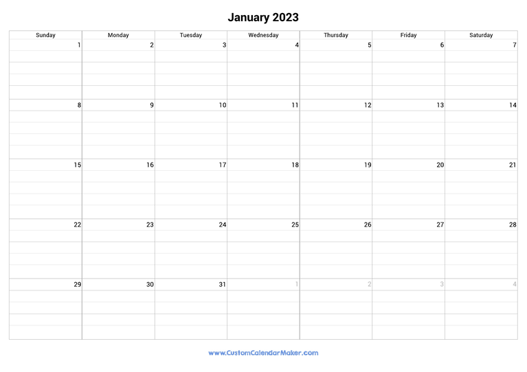 January 2023 fillable calendar grid with lines