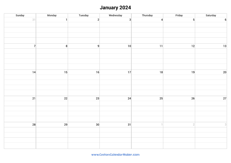 January 2024 fillable calendar grid with lines