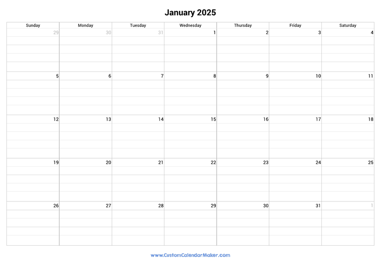 January 2025 fillable calendar grid with lines