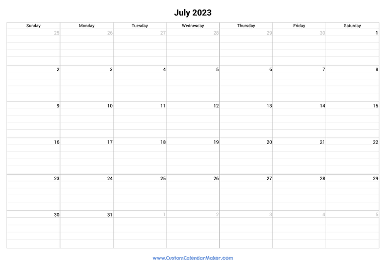 July 2023 fillable calendar grid with lines