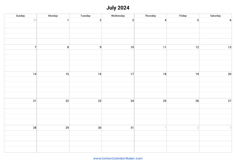 July 2024 fillable calendar grid with lines