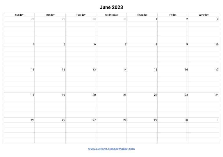 June 2023 fillable calendar grid with lines