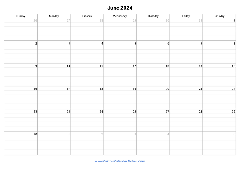 June 2024 fillable calendar grid with lines
