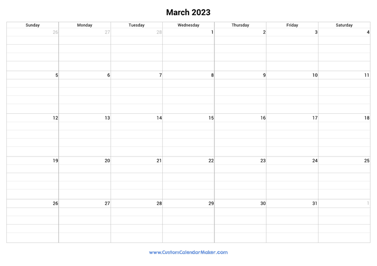 March 2023 fillable calendar grid with lines