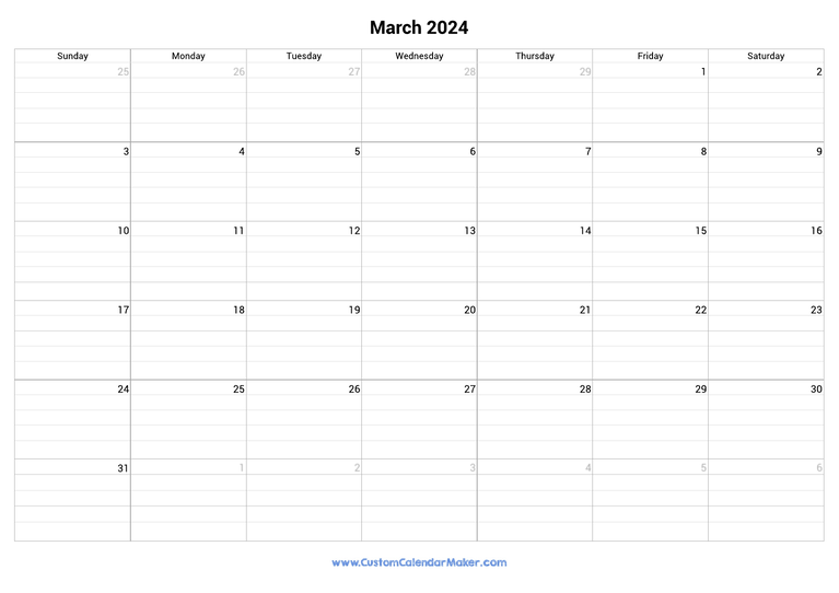 March 2024 fillable calendar grid with lines