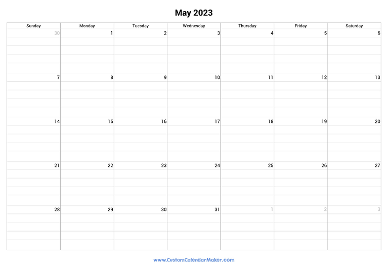 May 2023 fillable calendar grid with lines