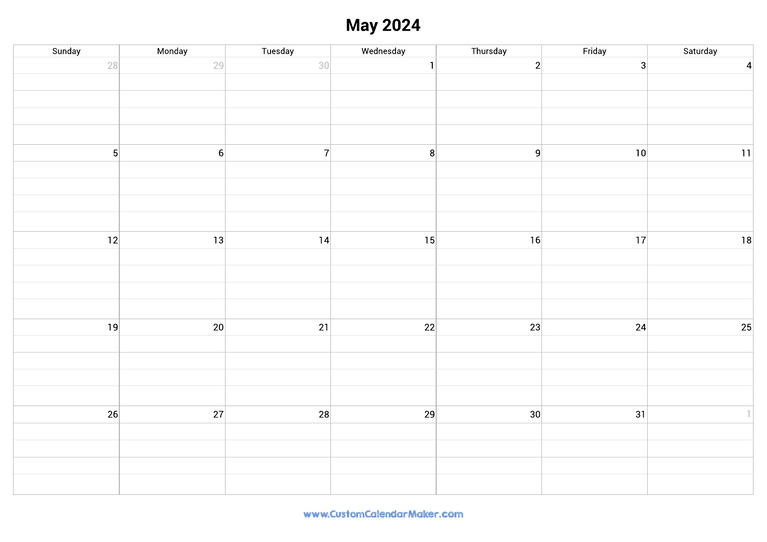 May 2024 fillable calendar grid with lines