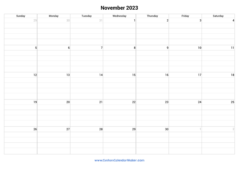 November 2023 fillable calendar grid with lines