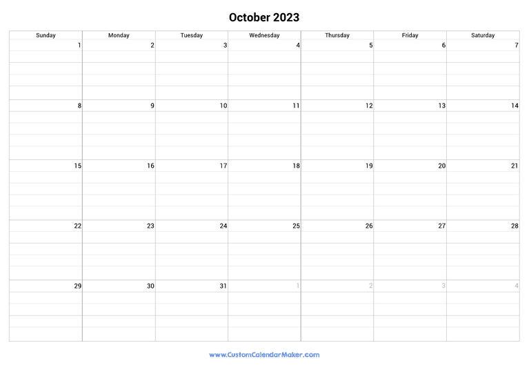 October 2023 fillable calendar grid with lines