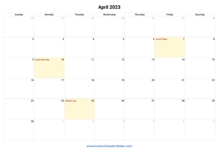 April 2023 calendar with national holidays from Australia