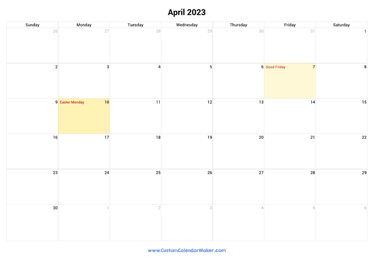 April 2023 calendar with national holidays from Canada