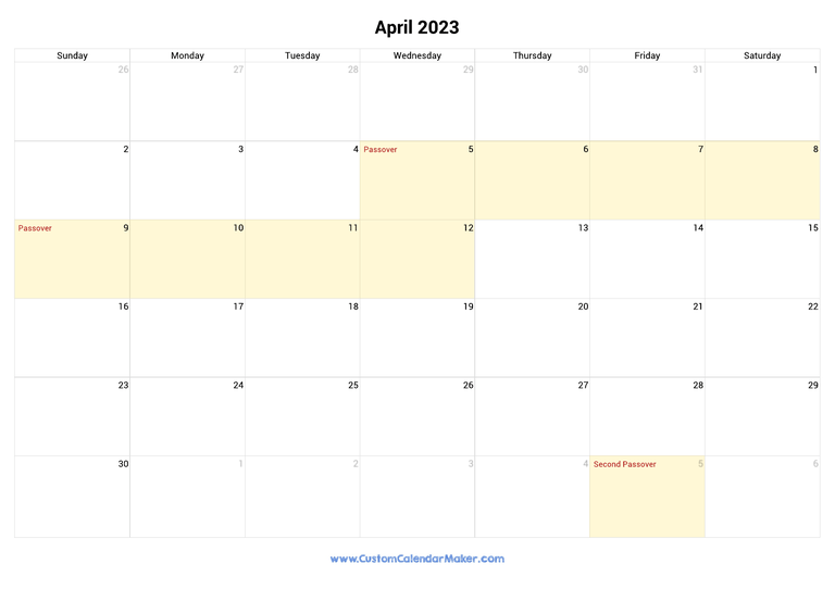 April 2023 calendar with jewish holidays