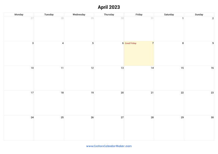 April 2023 calendar with national holidays from United Kingdom