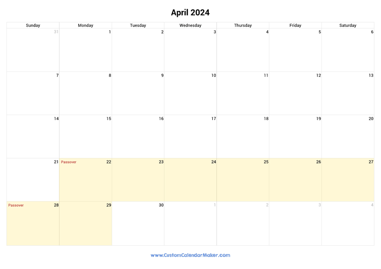 April 2024 calendar with jewish holidays