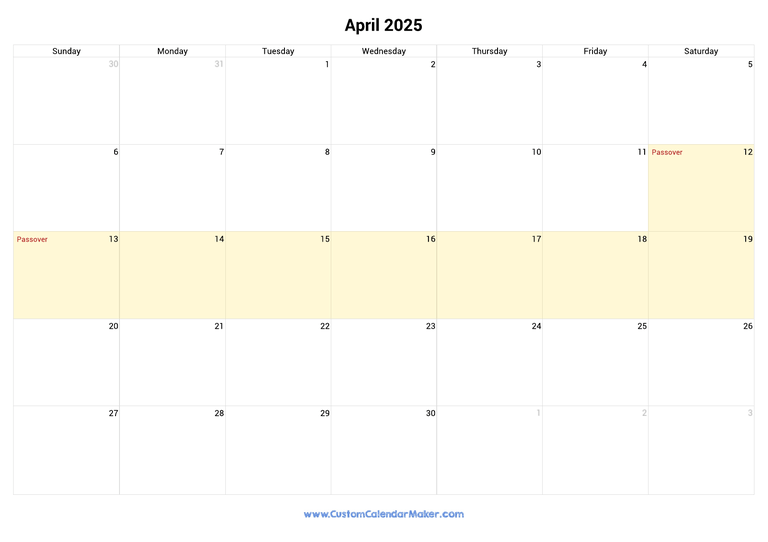 April 2025 Jewish Calendar with Holidays