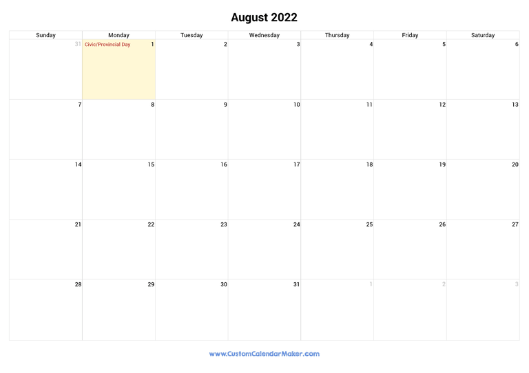 August calendar 2022 with Canadian Holidays