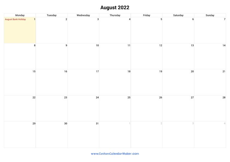 August calendar 2022 with Irish National Holidays