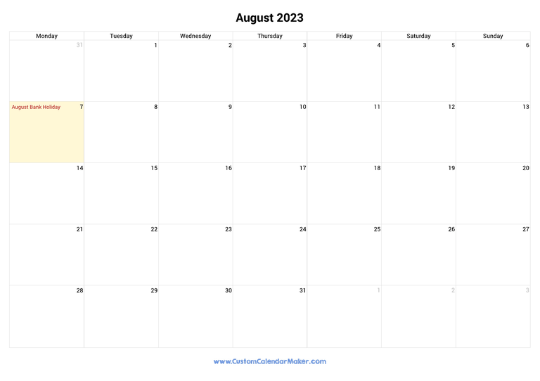 August 2023 calendar with national holidays from Ireland
