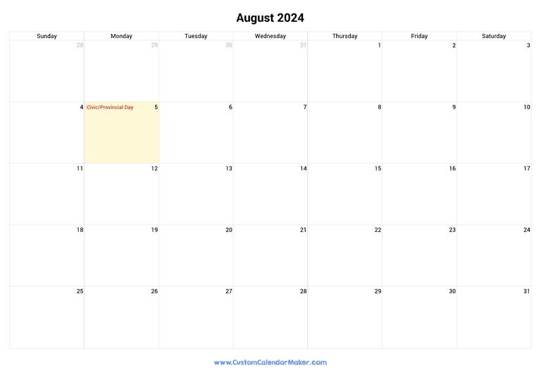 August calendar 2024 with Canadian Holidays