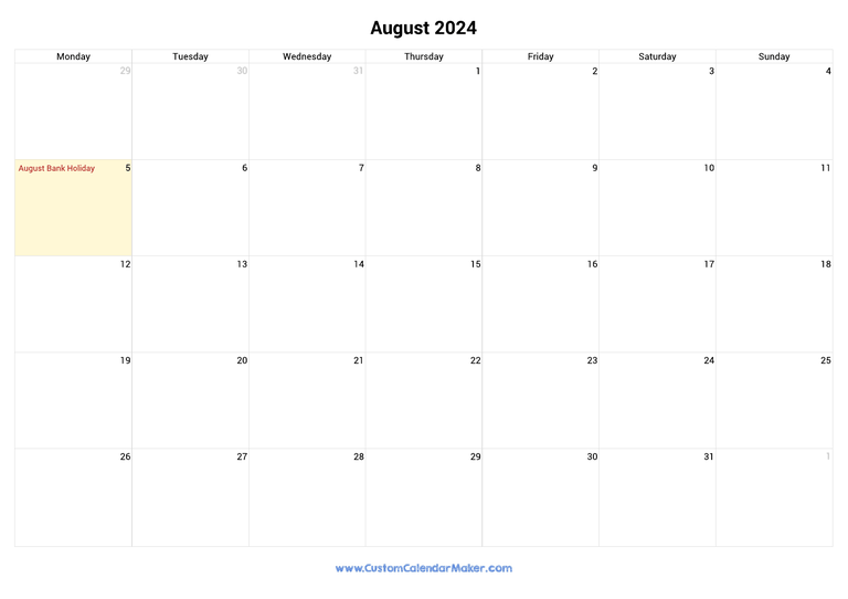 August calendar 2024 with Irish National Holidays