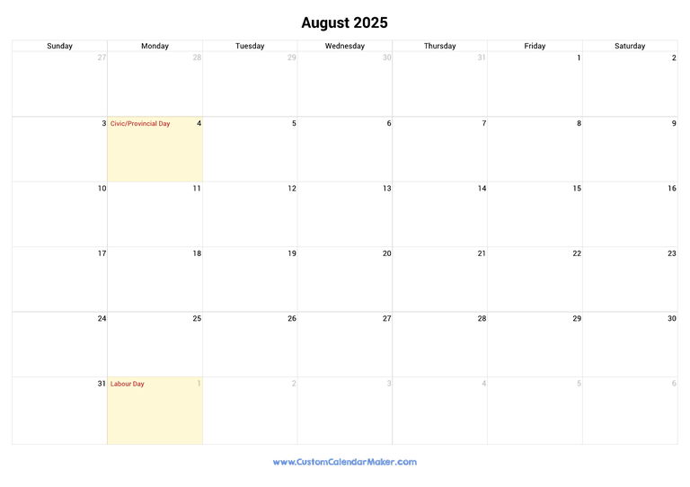 August calendar 2025 with Canadian Holidays