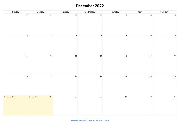 December 2022 calendar with national holidays from Canada