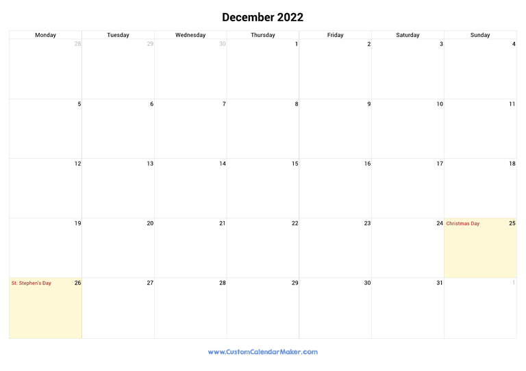December 2022 calendar with national holidays from Ireland