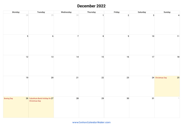 December 2022 calendar with national holidays from United Kingdom