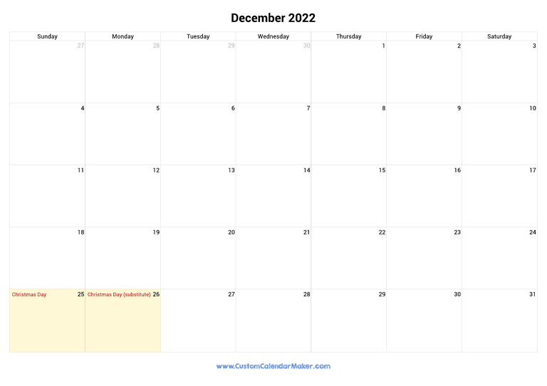 December 2022 calendar with national holidays from United States