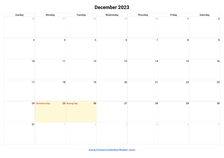 December 2023 calendar with national holidays from Canada