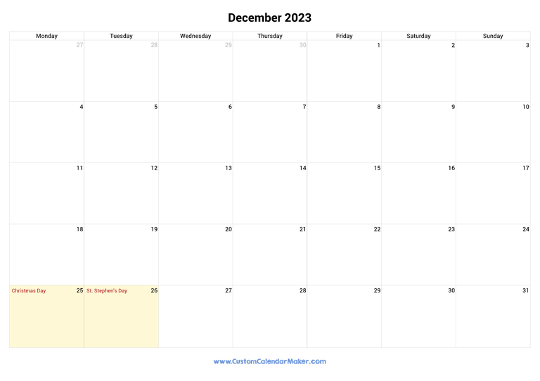 December 2023 calendar with national holidays from Ireland