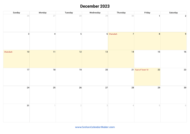 December 2023 calendar with jewish holidays