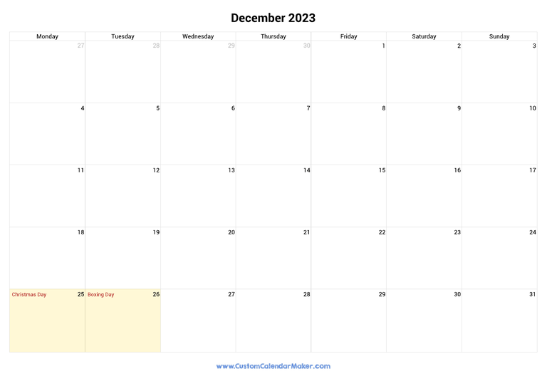 December 2023 calendar with national holidays from United Kingdom