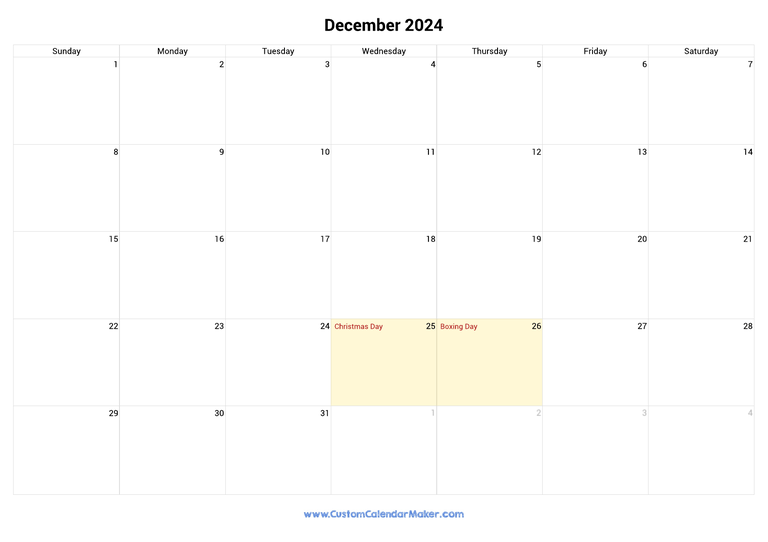 December calendar 2024 with Canadian Holidays